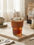Amber Glass Coffee Tumbler with Leather Sleeve