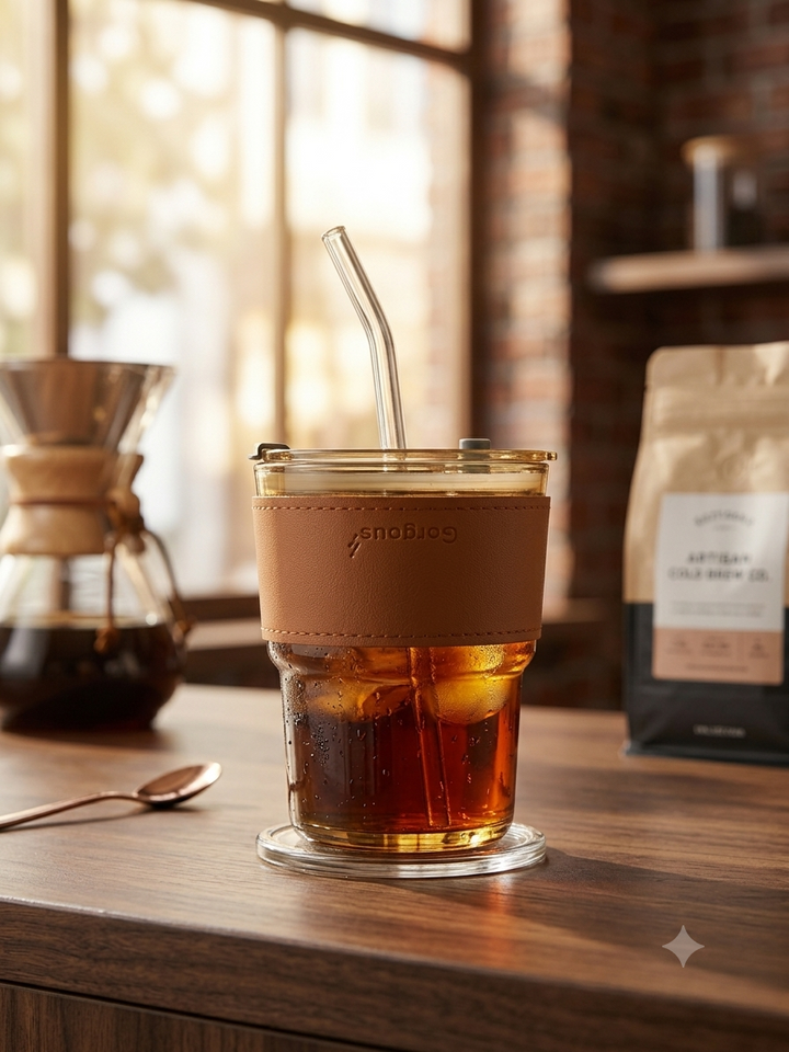 Amber Glass Coffee Tumbler with Leather Sleeve