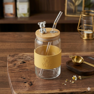 🧸 Teddy Bear Glass Tumbler with Bamboo Lid & Glass Straw