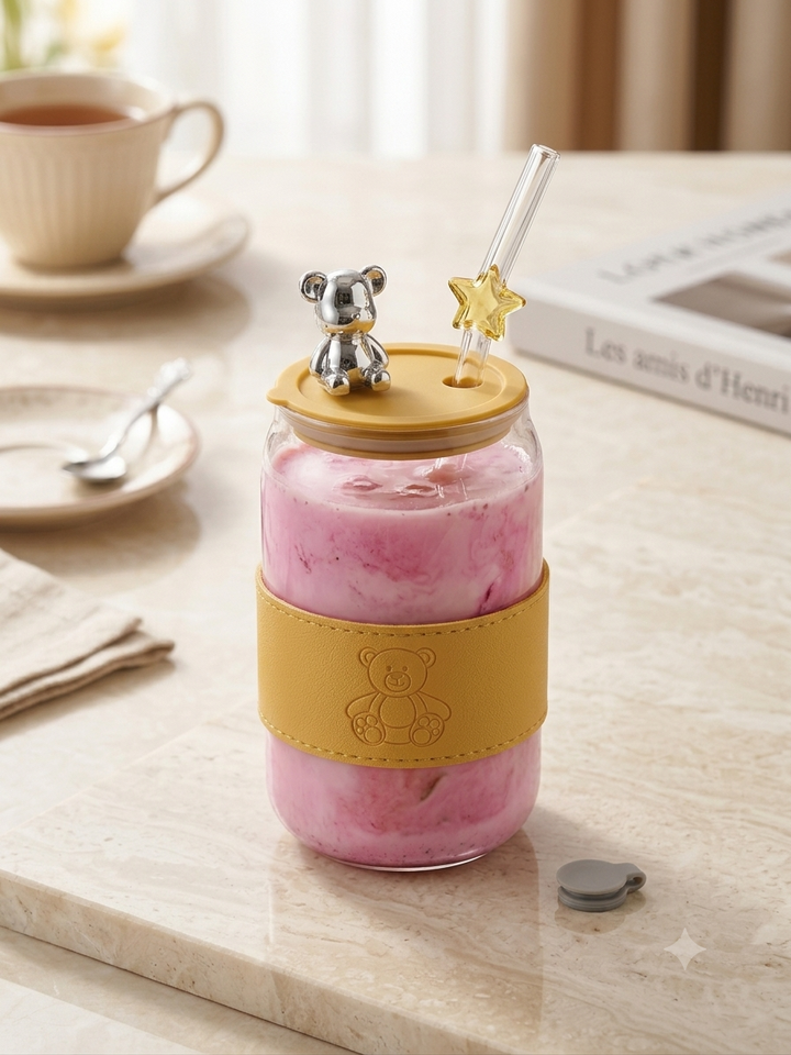The Ultimate Cozy Companion: Bear Glass Tumbler with Leather Sleeve