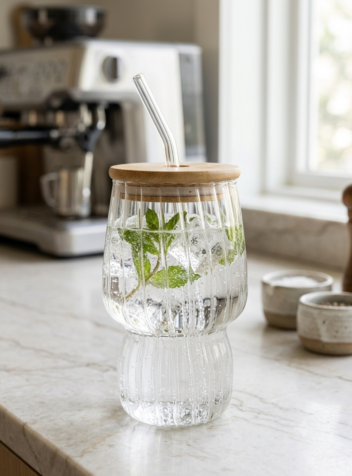 🥤 Premium Glass Drink Mug with Straw & Lid