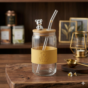 🧸 Teddy Bear Glass Tumbler with Bamboo Lid & Glass Straw