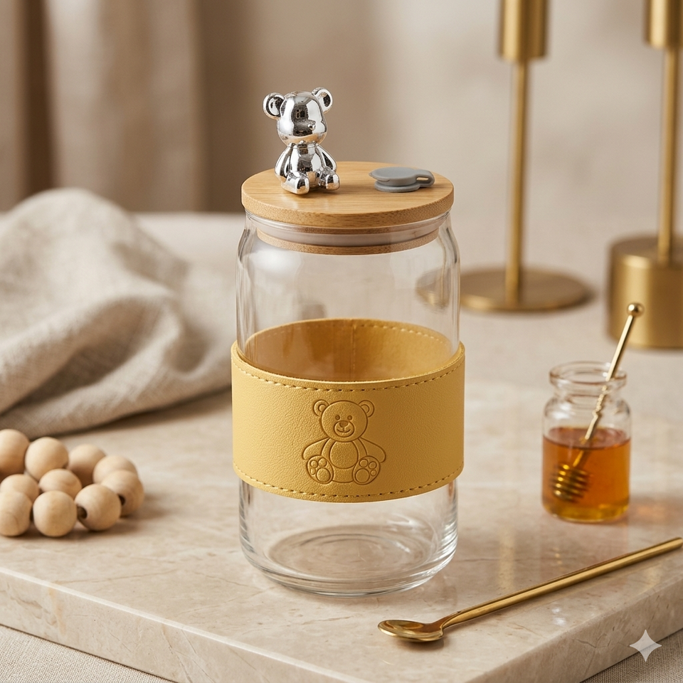 🧸 Teddy Bear Glass Tumbler with Bamboo Lid & Glass Straw