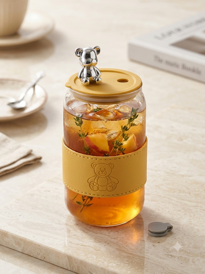 The Ultimate Cozy Companion: Bear Glass Tumbler with Leather Sleeve